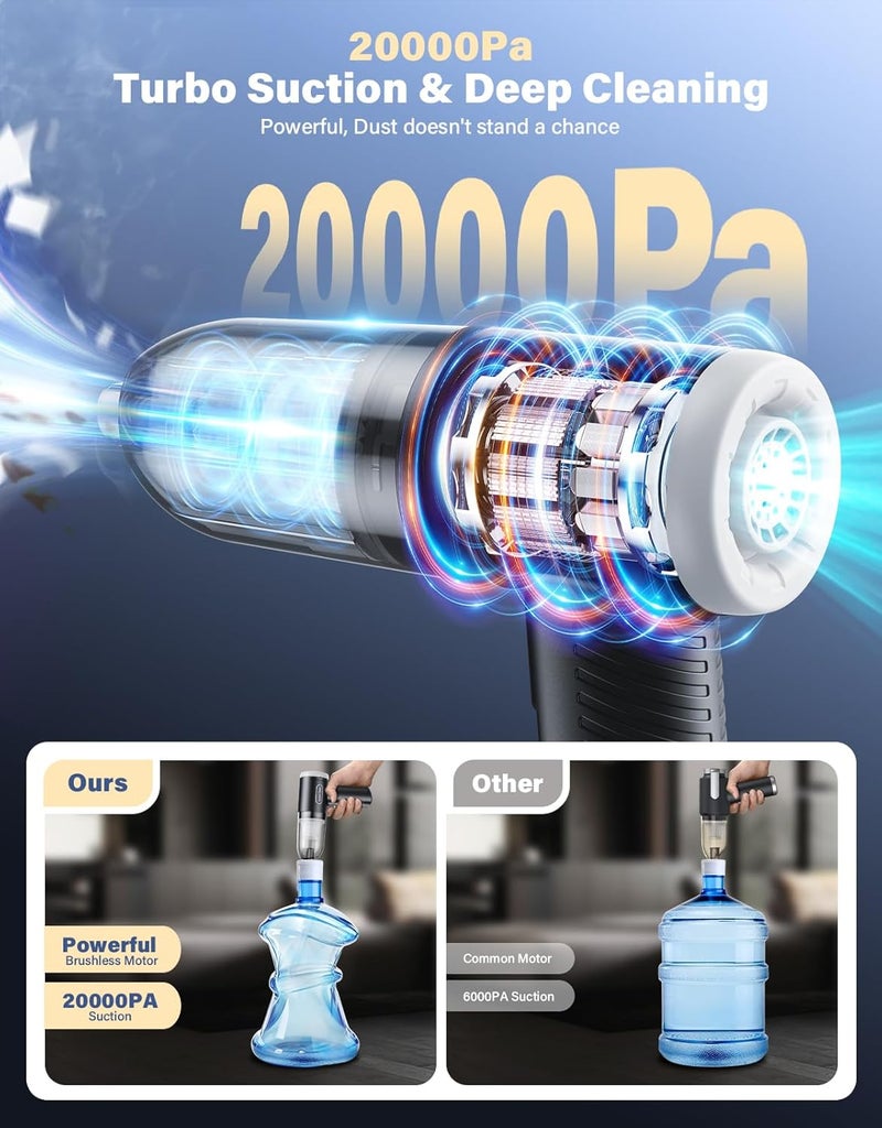 Abanso Car Vacuum Portable Cordless, 20000Pa Handheld Vacuum Mini Vacuum Cleaner High Power with Best Suction Brushless Motor, 4 in 1 2-Speed Air Duster Portable Vacuum for Car Keyboard Pet Hair - Image 2
